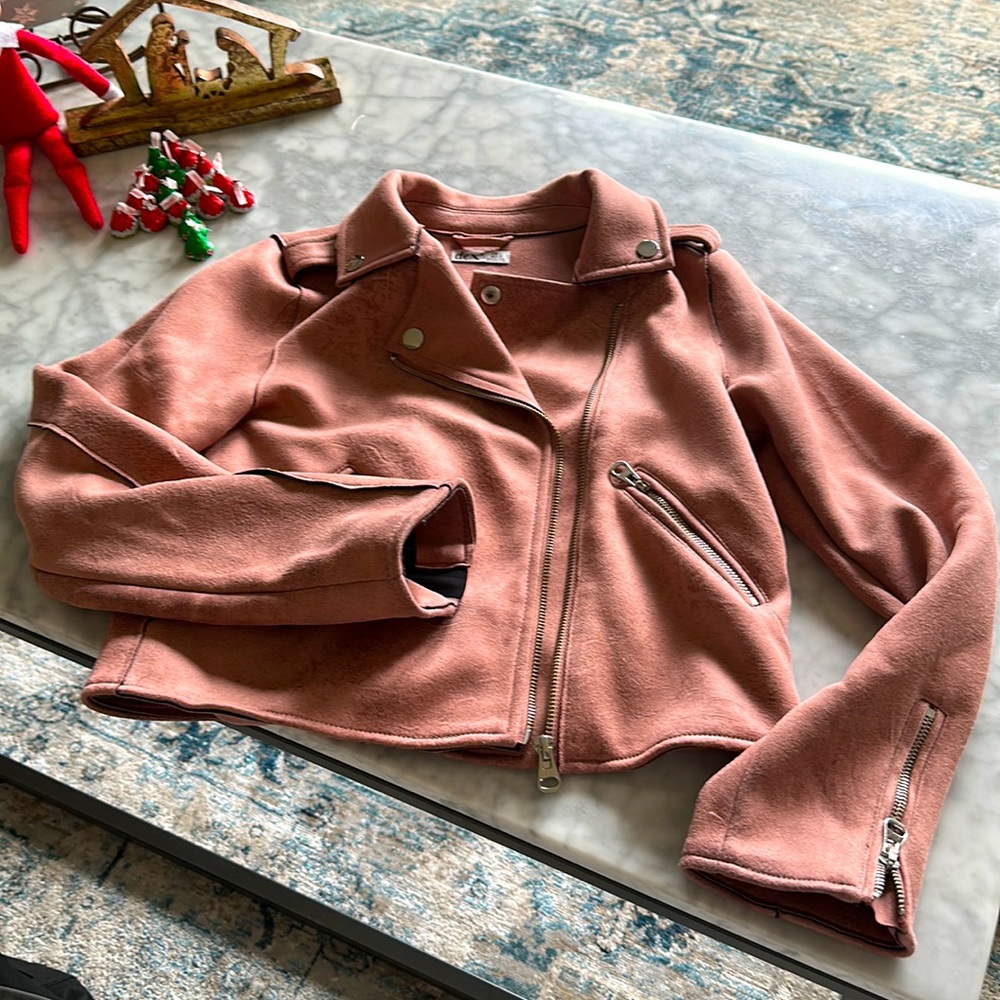 Pink faux suede moto jacket girls L